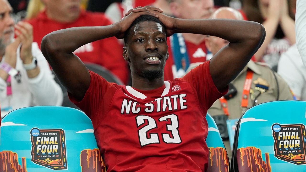 N.C State forward Mohamed Diarra (23) sits on the bench during the second half of the NCAA college basketball game against Purdue at the Final Four, Saturday, April 6, 2024, in Glendale, Ariz. (AP Photo/David J. Phillip)