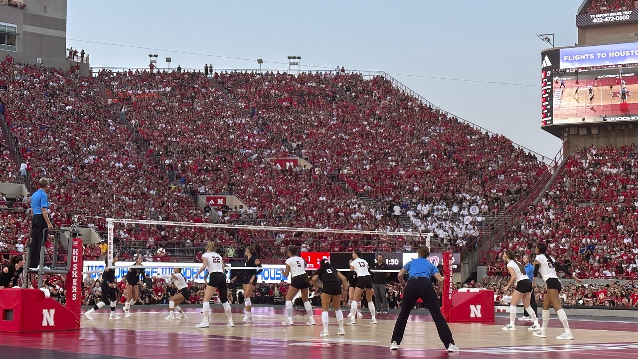 Nebraska and Omaha play a college volleyball match Wednesday at Memorial Stadium in Lincoln, Neb. (AP Photo/Eric Olson)