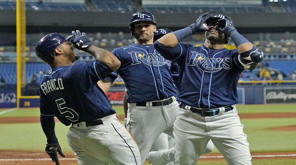 Wander Franco of the Tampa Bay Rays celebrates his home run with