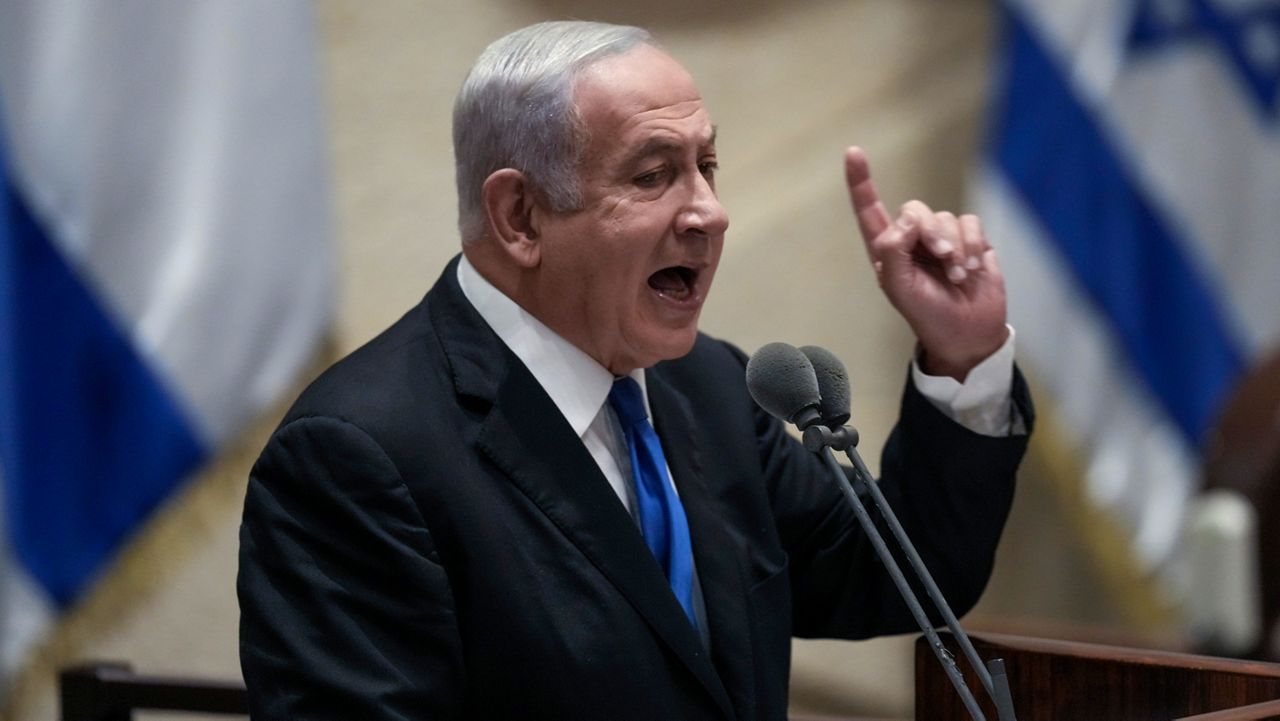 Former Israeli Prime Minister Benjamin Netanyahu speaks at the Knesset, Israel's parliament, in Jerusalem, June 30, 2022. (AP Photo/Ariel Schalit)