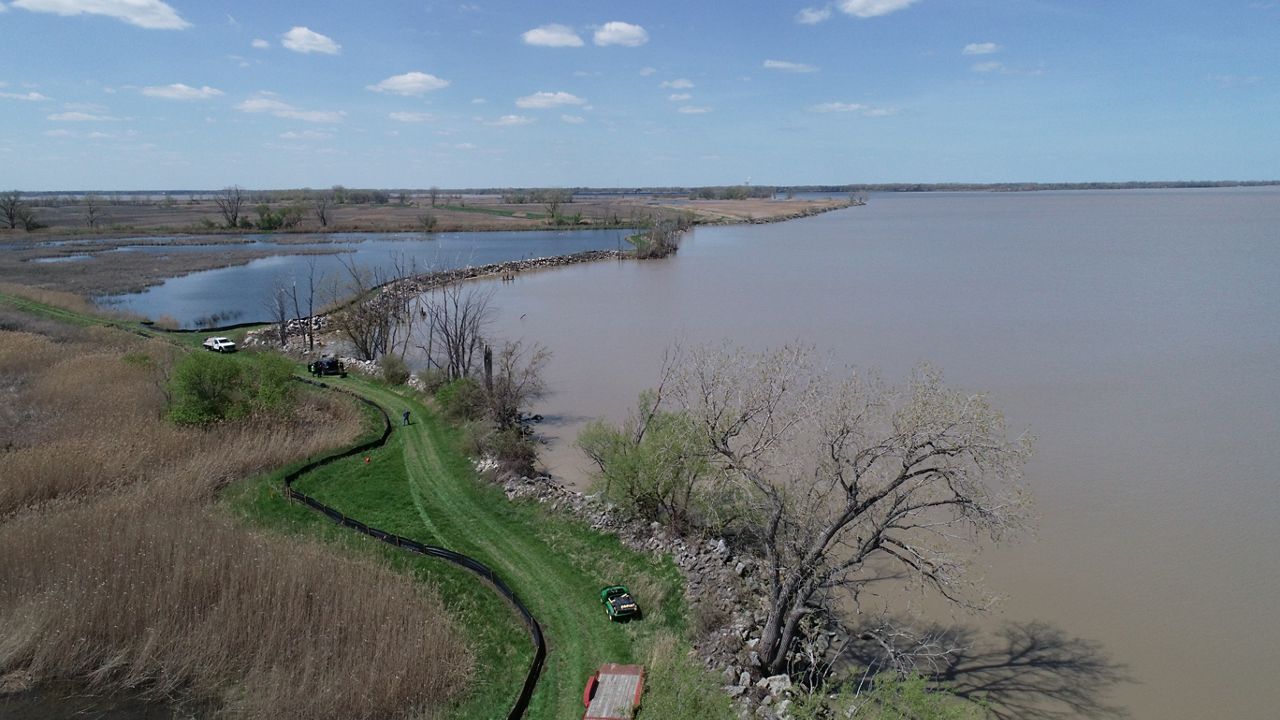 An aerial view of the progress of H2Ohio's nature-based barrier wetland project in Sandusky Bay. (Photo courtesy of the Ohio Department of Natural Resources)