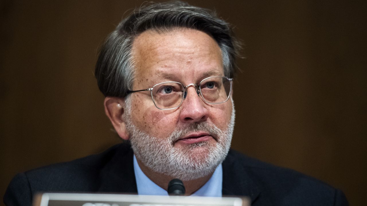 FILE - In this Thursday, June 25, 2020, file photo, Sen. Gary Peters, D-Mich., listens during a Senate Homeland Security and Governmental Affairs Committee hearing. (Tom Williams/Pool via AP, File)