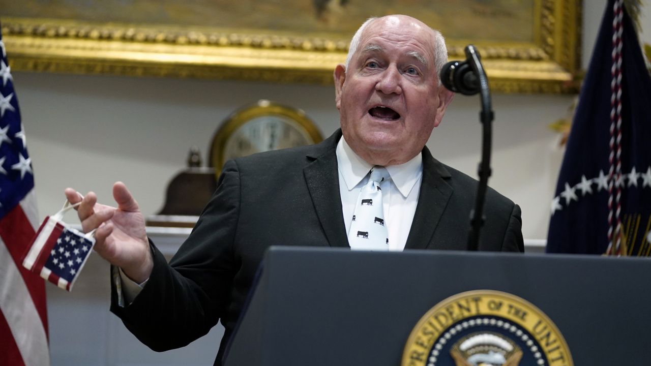 Agriculture Secretary Sonny Perdue speaks at an event on the food supply chain during the coronavirus pandemic, in the Roosevelt Room of the White House, Tuesday, May 19, 2020, in Washington. (AP Photo/Evan Vucci)