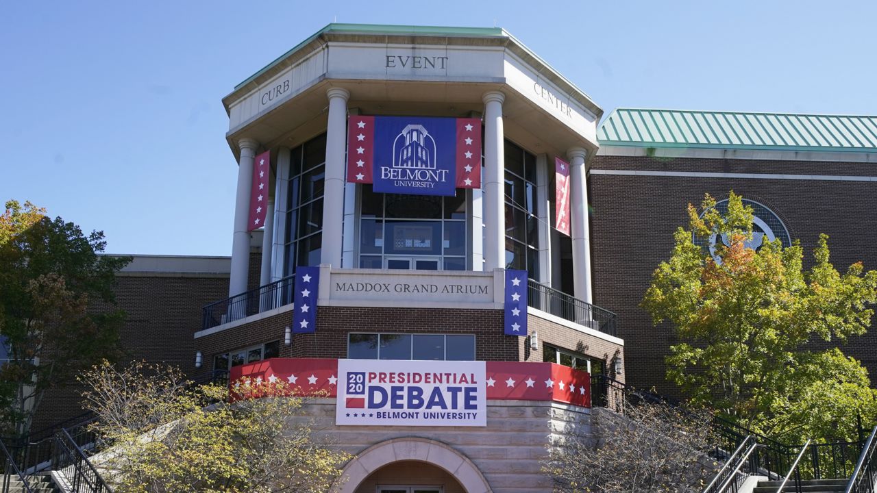 The Curb Event Center at Belmont University is decorated for the presidential debate Friday, Oct. 16, 2020, in Nashville, Tenn. The final debate between President Donald Trump and former Vice President Joe Biden is scheduled to be held at Belmont University Oct. 22. (AP Photo/Mark Humphrey)