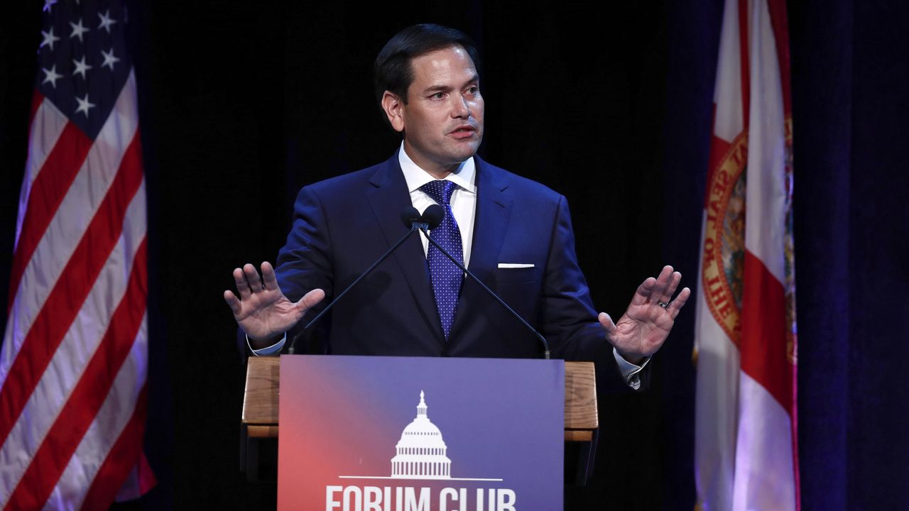 FILE - In this Aug. 21, 2019, file photo, Sen. Marco Rubio, R-Fla., speaks during a Forum Club meeting, in West Palm Beach, Fla. (AP Photo/Brynn Anderson, File)