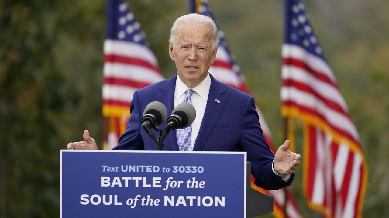 Democratic presidential candidate former Vice President Joe Biden speaks at Mountain Top Inn & Resort, Tuesday, Oct. 27, 2020, in Warm Springs, Ga. (AP Photo/Andrew Harnik)