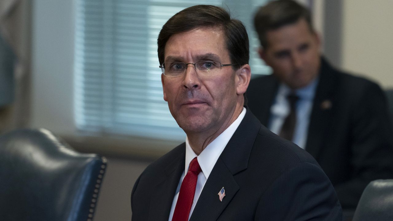 FILE: Secretary of Defense Mark Esper speaks before a meeting with Israeli Defense Minister Benny Gantz, at the Pentagon, Tuesday, Sept. 22, 2020, in Washington. (AP Photo/Alex Brandon)