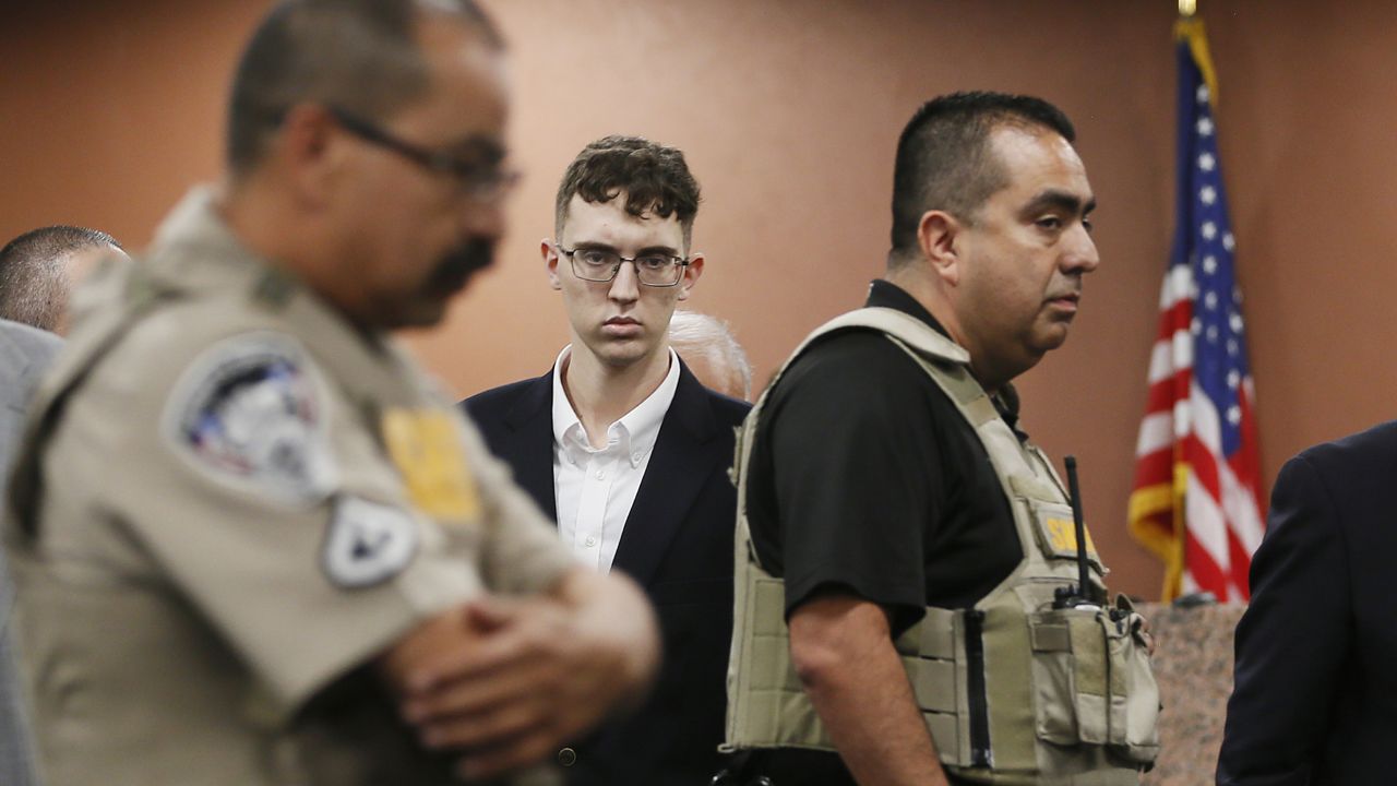 FILE - In the is Oct. 10, 2019 file photo, El Paso Walmart shooting suspect Patrick Crusius pleads not guilty during his arraignment in El Paso, Texas. (Briana Sanchez / El Paso Times via AP, Pool, File)