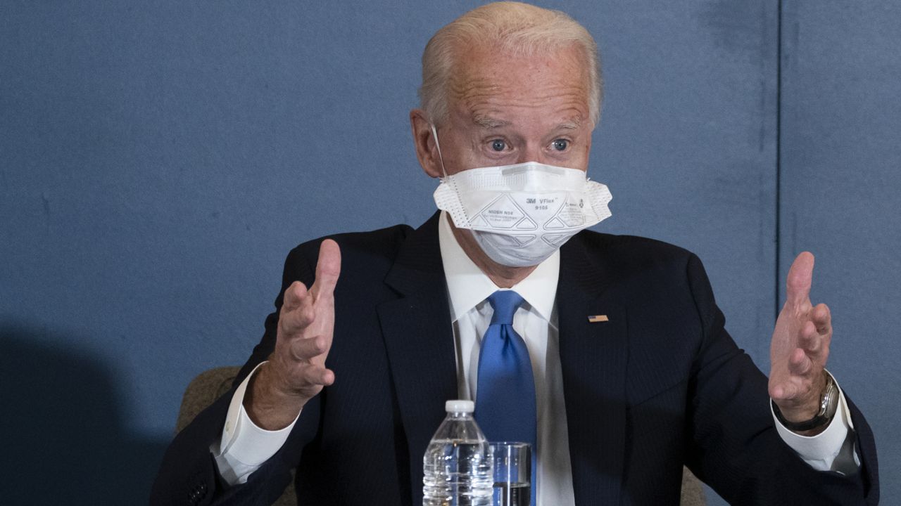 President-elect Joe Biden, speaks during a meeting with Vice President-elect Kamala Harris, Senate Minority Leader Chuck Schumer of N.Y., and House Speaker Nancy Pelosi of Calif., Friday, Nov. 20, 2020, in Wilmington, Del. (AP Photo/Alex Brandon)