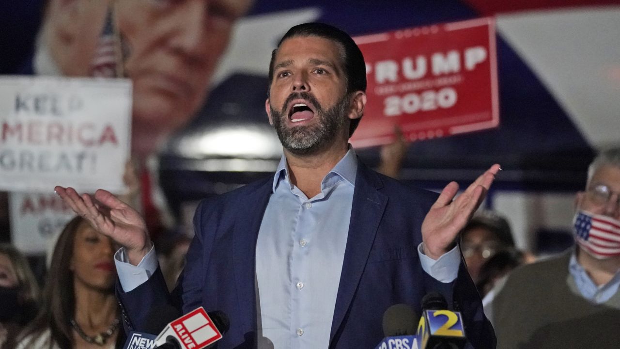 FILE: Donald Trump Jr., gestures during a news conference at Georgia Republican Party headquarters Thursday, Nov. 5, 2020 in Atlanta. (AP Photo/John Bazemore)