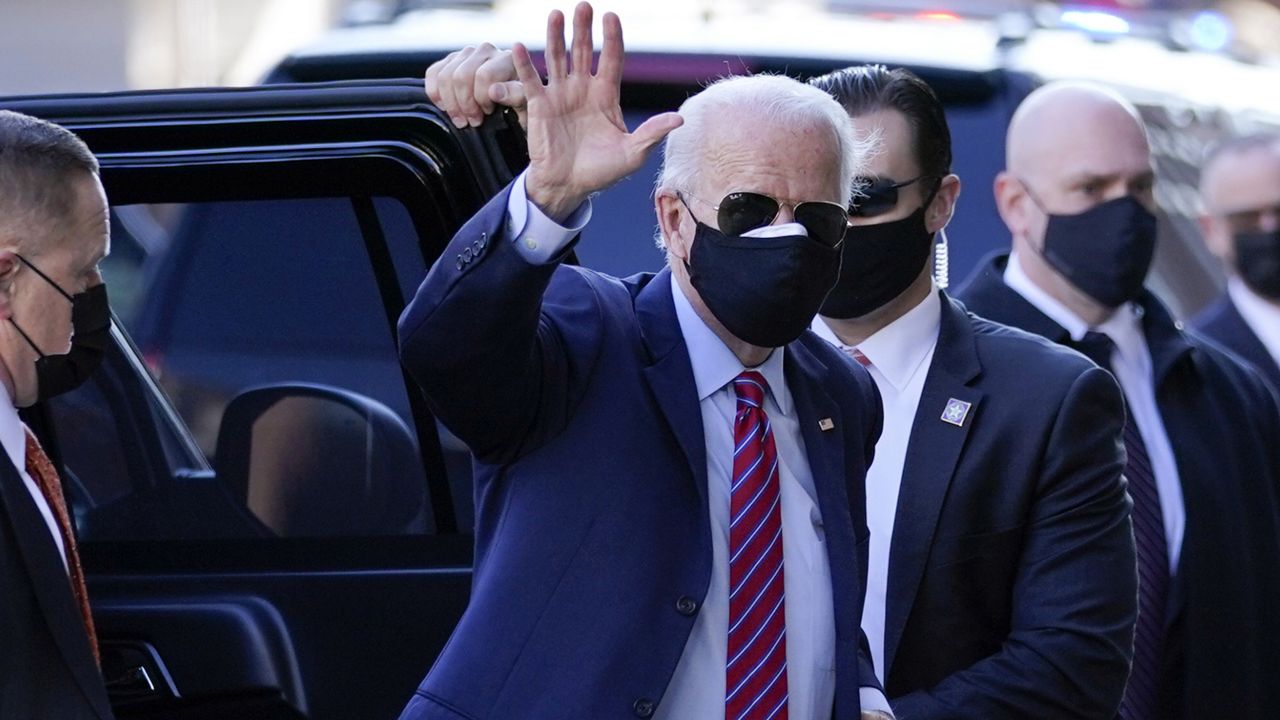 President-elect Joe Biden waves as he arrives at The Queen theater Monday, Nov. 23, 2020, in Wilmington, Del. (AP Photo/Carolyn Kaster)