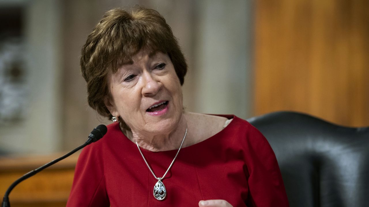 FILE - In this June 30, 2020, file photo, Sen. Susan Collins, R-Maine, speaks during a Senate Health, Education, Labor and Pensions Committee hearing on Capitol Hill in Washington. (Al Drago/Pool via AP, File)