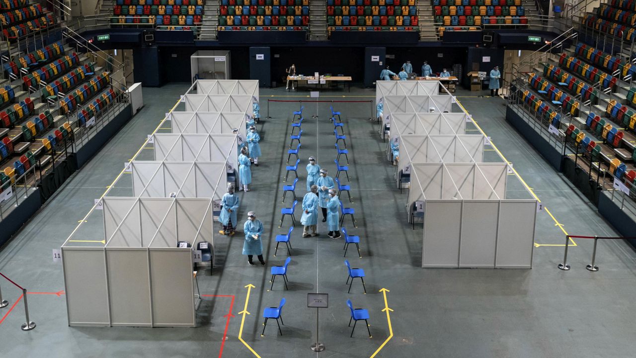 FILE: The makeshift testing site is seen at the Queen Elizabeth Stadium in Hong Kong Tuesday, Sept. 1, 2020. (Anthony Kwan /Pool Photo via AP)