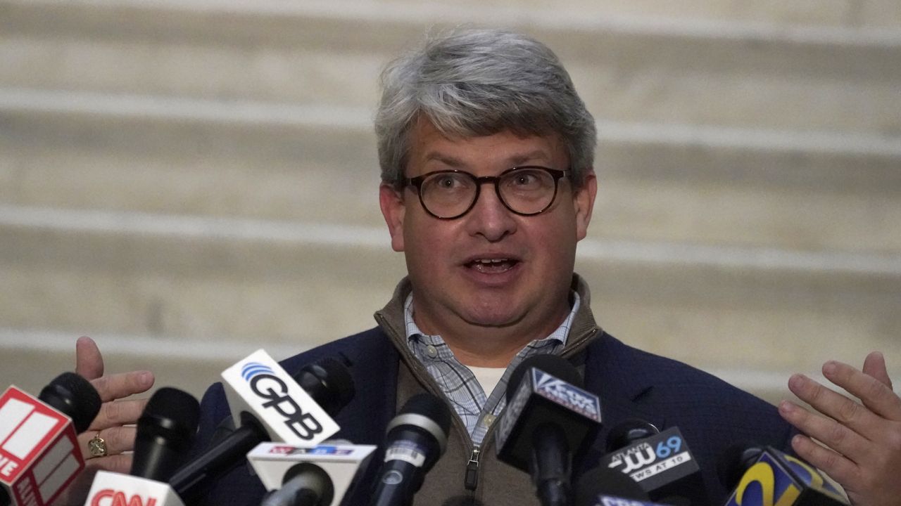 Gabriel Sterling with the Georgia Sec. of State's office updates the status of the recount Wednesday, Dec. 2, 2020, in Atlanta. (AP Photo/John Bazemore)