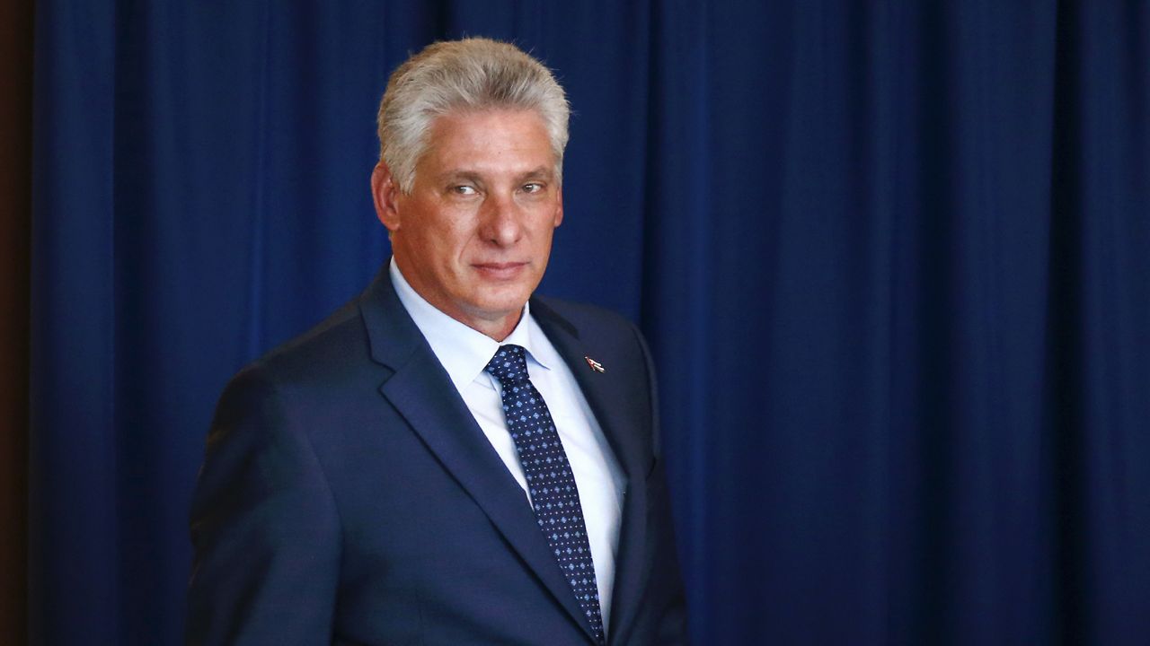 FILE - In this Sept. 26, 2018 file photo, Cuba's President Miguel Diaz-Canel arrives for a meeting with the United Nations secretary-general. (AP Photo/Jason DeCrow, File)