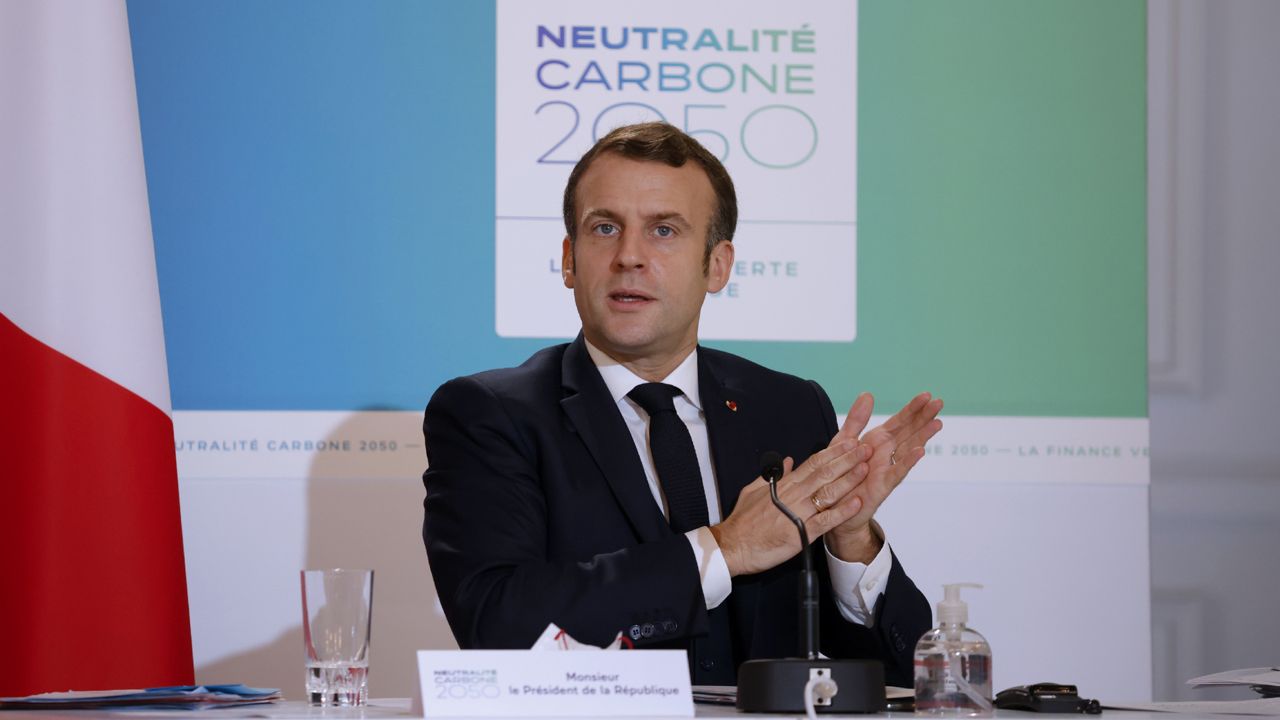 FILE: French President Emmanuel Macron speaks during a video conference meeting to mark the fifth anniversary of the Paris Climate agreement in Paris, Saturday Dec.12, 2020. (Yoan Valat, Pool via AP)