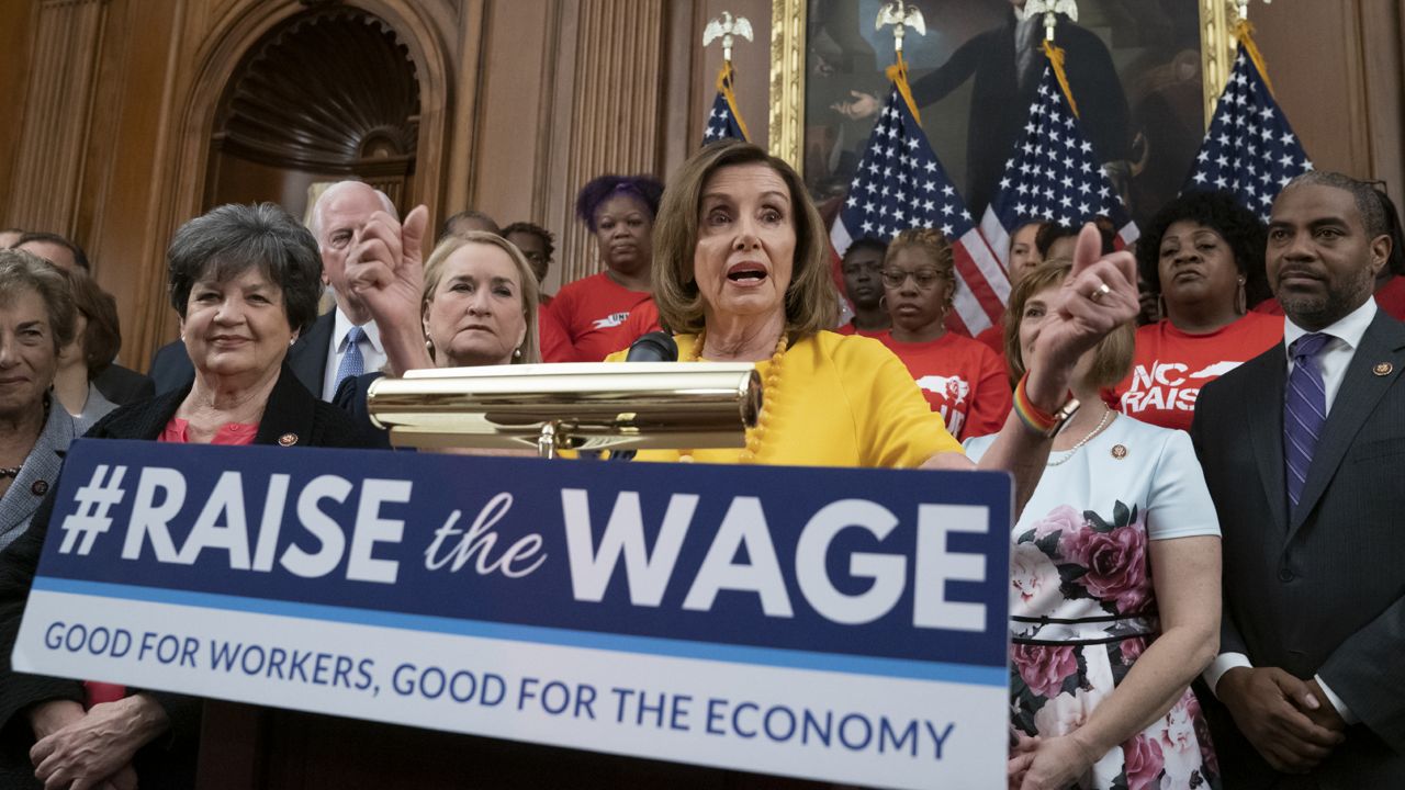 FILE: Speaker of the House Nancy Pelosi, D-Calif., joins fellow Democrats and activists seeking better pay. (AP Photo/J. Scott Applewhite)