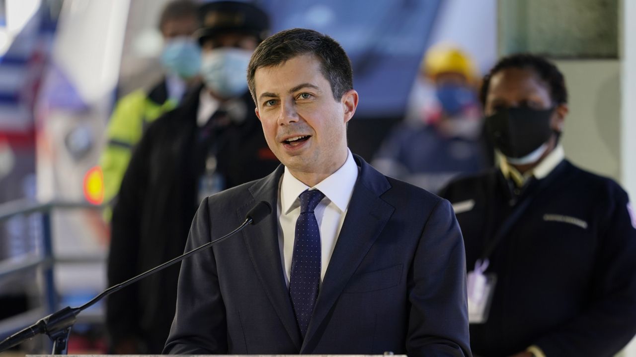 Transportation Secretary Pete Buttigieg speaks at Union Station in Washington, Friday, Feb. 5, 2021. (AP Photo/Carolyn Kaster)