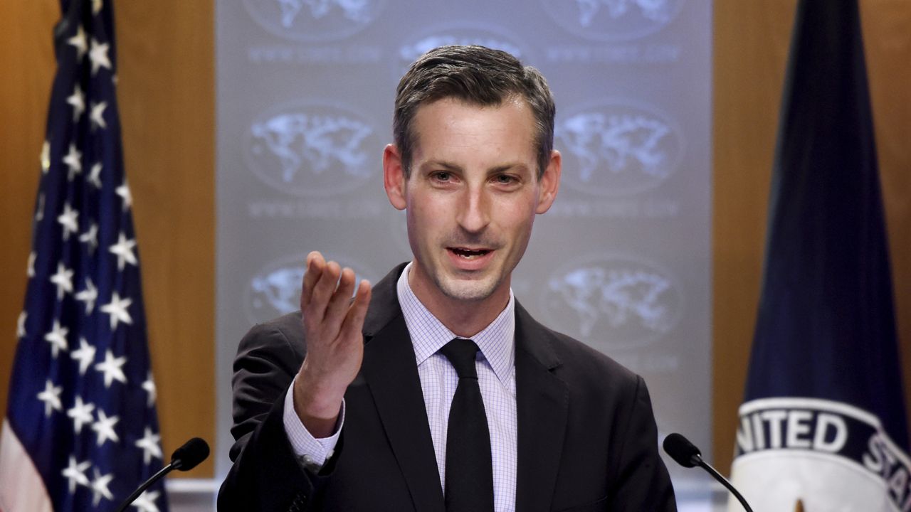 FILE: State Department Spokesman Ned Price speaks during a news briefing at the State Department, Tuesday, Feb. 9, 2021, in Washington. (Olivier Douliery/Pool via AP)