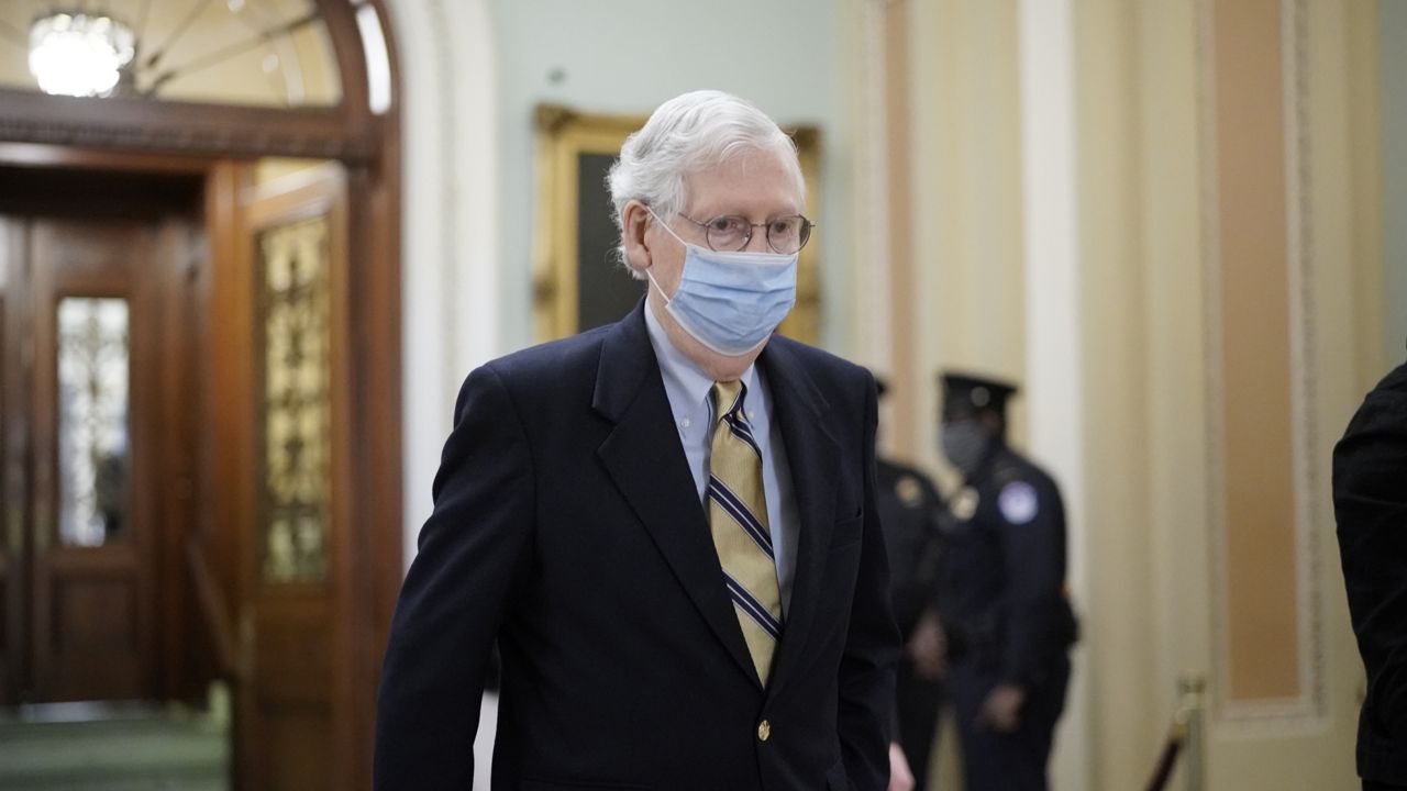 Senate Minority Leader Mitch McConnell at the Capitol in Washington, Saturday, Feb. 13, 2021. (AP Photo/J. Scott Applewhite)