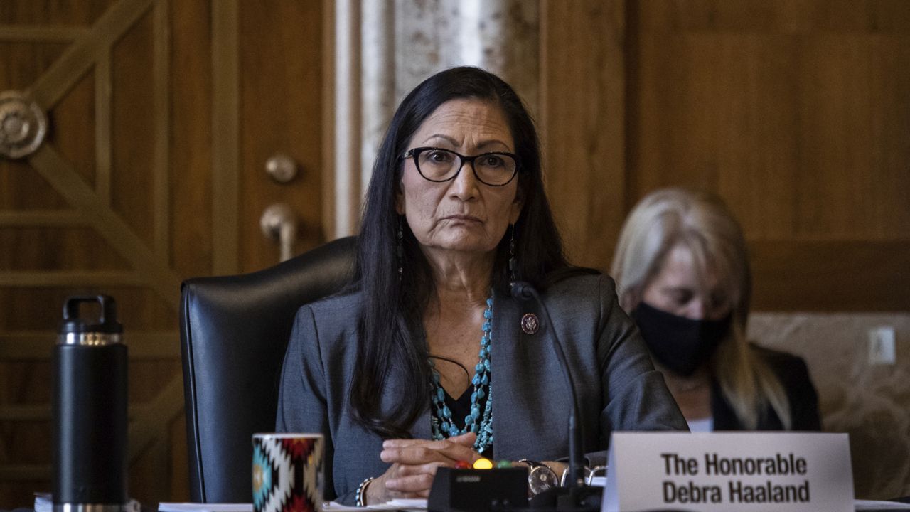 Rep. Deb Haaland, D-N.M., listens during a Senate Committee on Energy and Natural Resources hearing on her nomination to be Interior Secretary, Tuesday, Feb. 23, 2021 on Capitol Hill in Washington. (Graeme Jennings/Pool via AP)