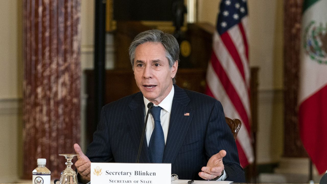 Secretary of State Antony Blinken, speaks in the Benjamin Franklin room at the State Department in Washington, during a virtual meeting with Mexican Foreign Secretary Marcelo Ebrard, who is in Mexico City, Friday, Feb. 26, 2021. (AP Photo/Manuel Balce Ceneta, Pool)