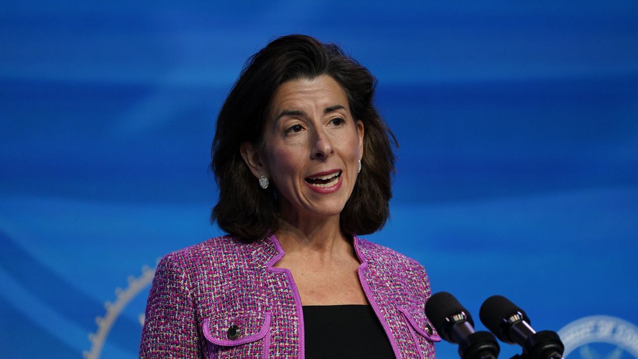 Rhode Island Gov. Gina Raimondo speaks during an event at The Queen theater in Wilmington, Del., Friday, Jan. 8, 2021. (AP Photo/Susan Walsh)