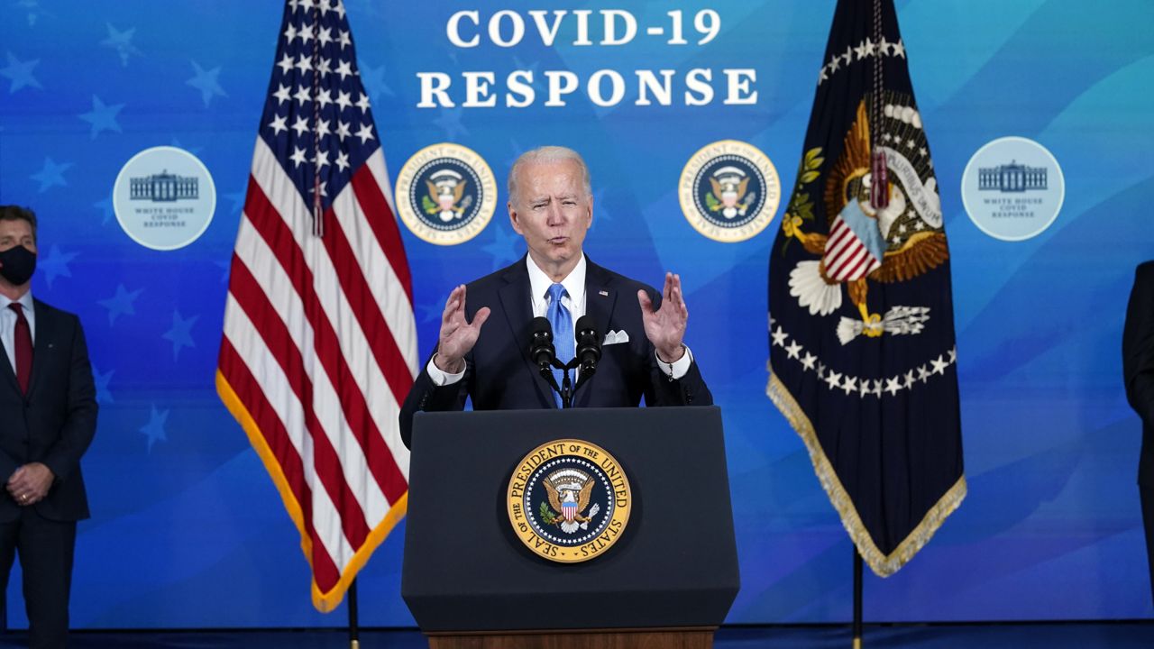 President Joe Biden speaks at an event in the South Court Auditorium in the Eisenhower Executive Office Building on the White House Campus, Tuesday, March 10, 2021, in Washington. (AP Photo/Andrew Harnik)
