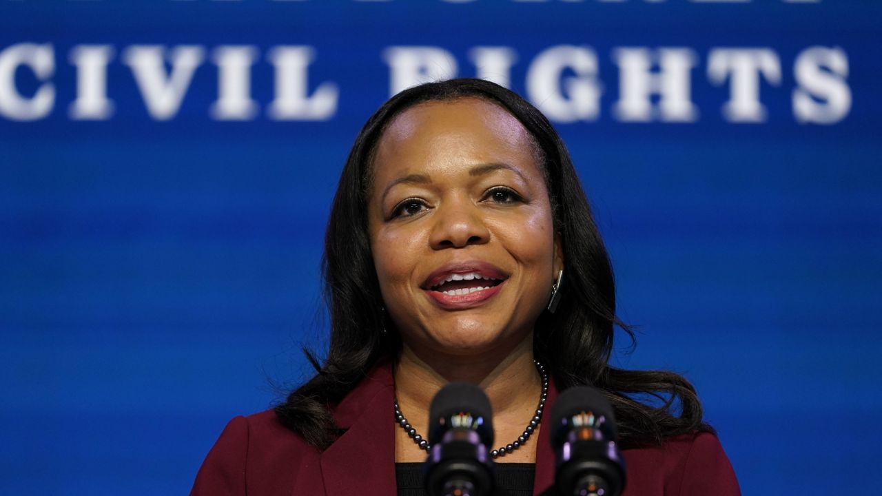 Kristen Clarke speaks during an event with President-elect Joe Biden and Vice President-elect Kamala Harris at The Queen theater in Wilmington, Del., Thursday, Jan. 7, 2021. (AP Photo/Susan Walsh)