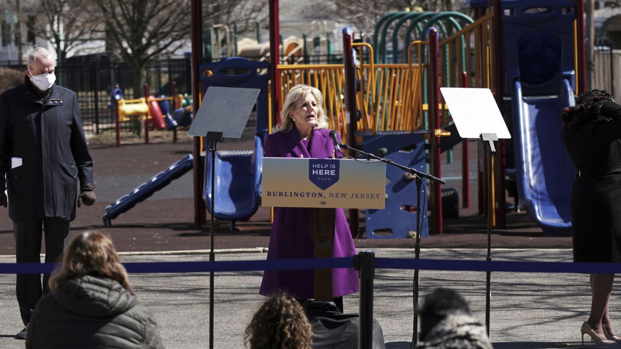 First lady Jill Biden speaks at a playground outside of the Samuel Smith Elementary School in Burlington, N,J., on Monday, March 15, 2021. (Anna Moneymaker/The New York Times via AP, Pool)