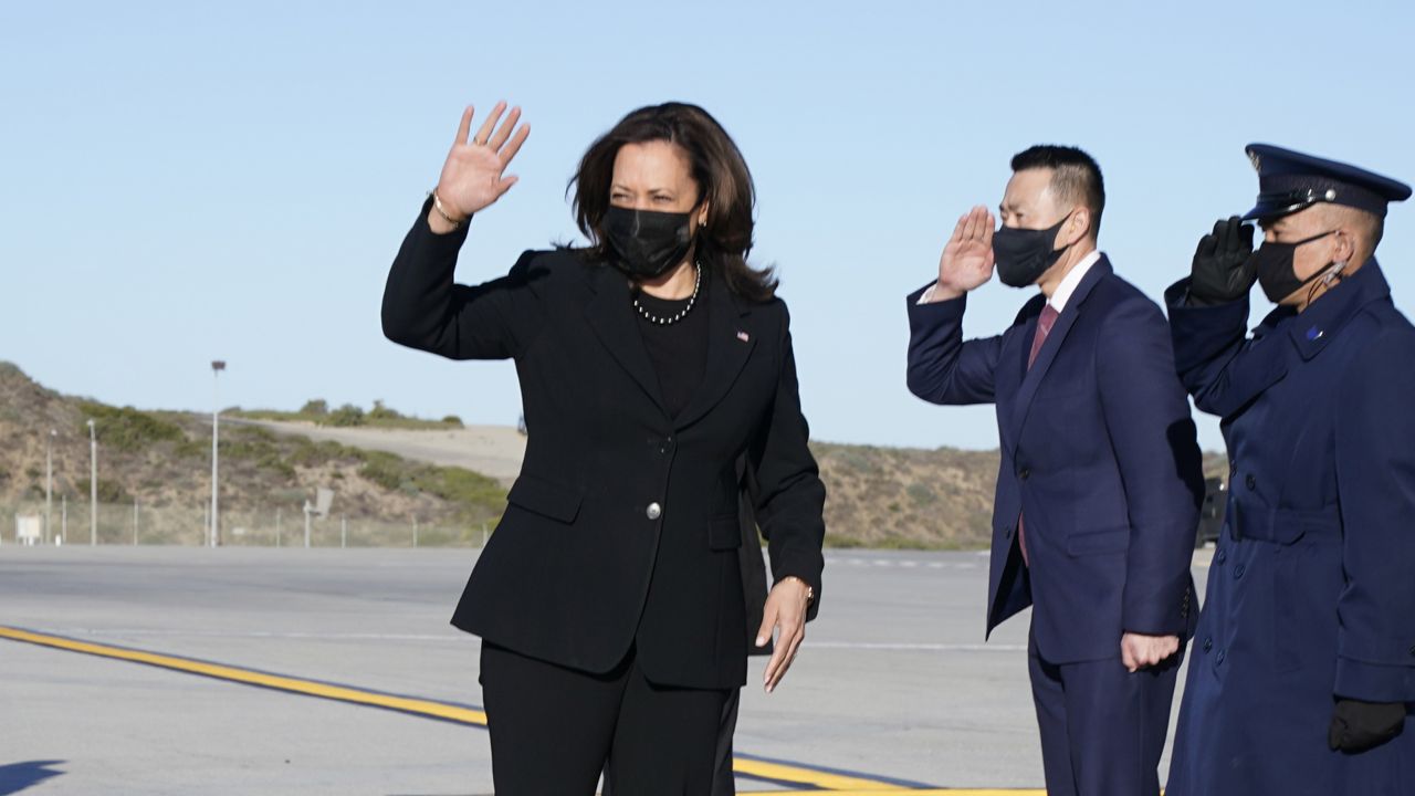 Vice President Kamala Harris boards Air Force Two in Los Angeles, Tuesday March 16, 2021, en route to Colorado. (AP Photo/Jacquelyn Martin)