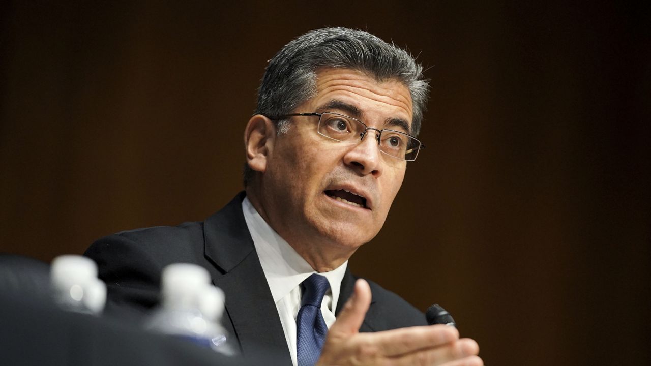Xavier Becerra testifies during a Senate Finance Committee hearing on his nomination to be secretary of Health and Human Services on Capitol Hill in Washington, Wednesday, Feb. 24, 2021. (Greg Nash/Pool via AP)