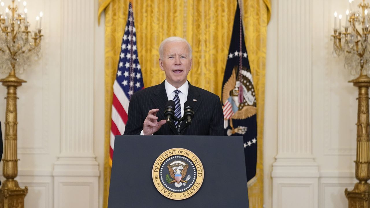 President Joe Biden speaks about COVID-19 vaccinations, from the East Room of the White House, Thursday, March 18, 2021, in Washington. (AP Photo/Andrew Harnik)
