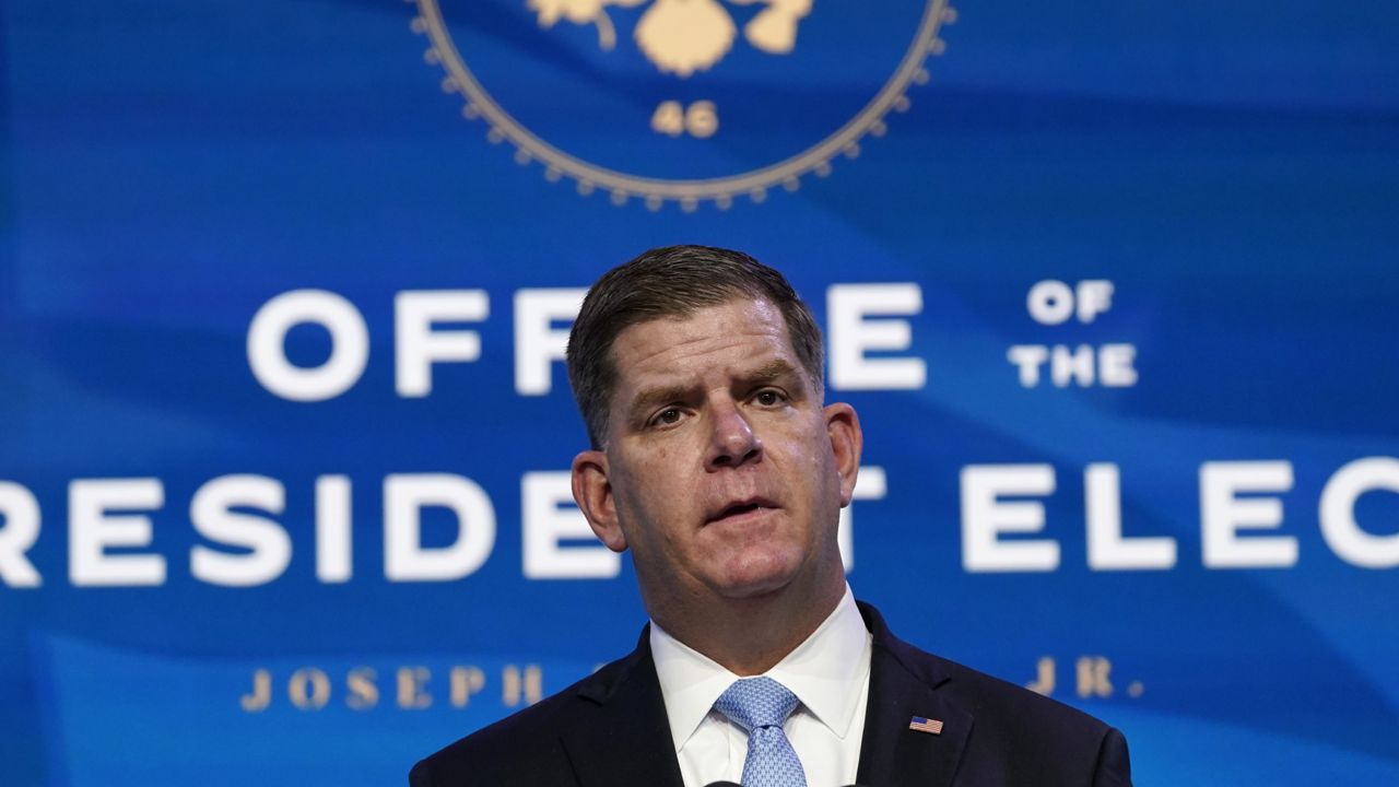 Boston Mayor Marty Walsh speaks during an event at The Queen theater in Wilmington, Del., Friday, Jan. 8, 2021. (AP Photo/Susan Walsh)