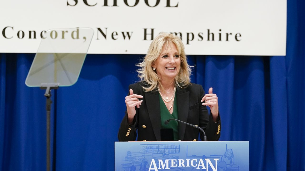 FILE: First lady Jill Biden speaks as she visits the Christa McAuliffe School in Concord, N.H., Wednesday, March 17, 2021. (AP Photo/Susan Walsh, Pool)