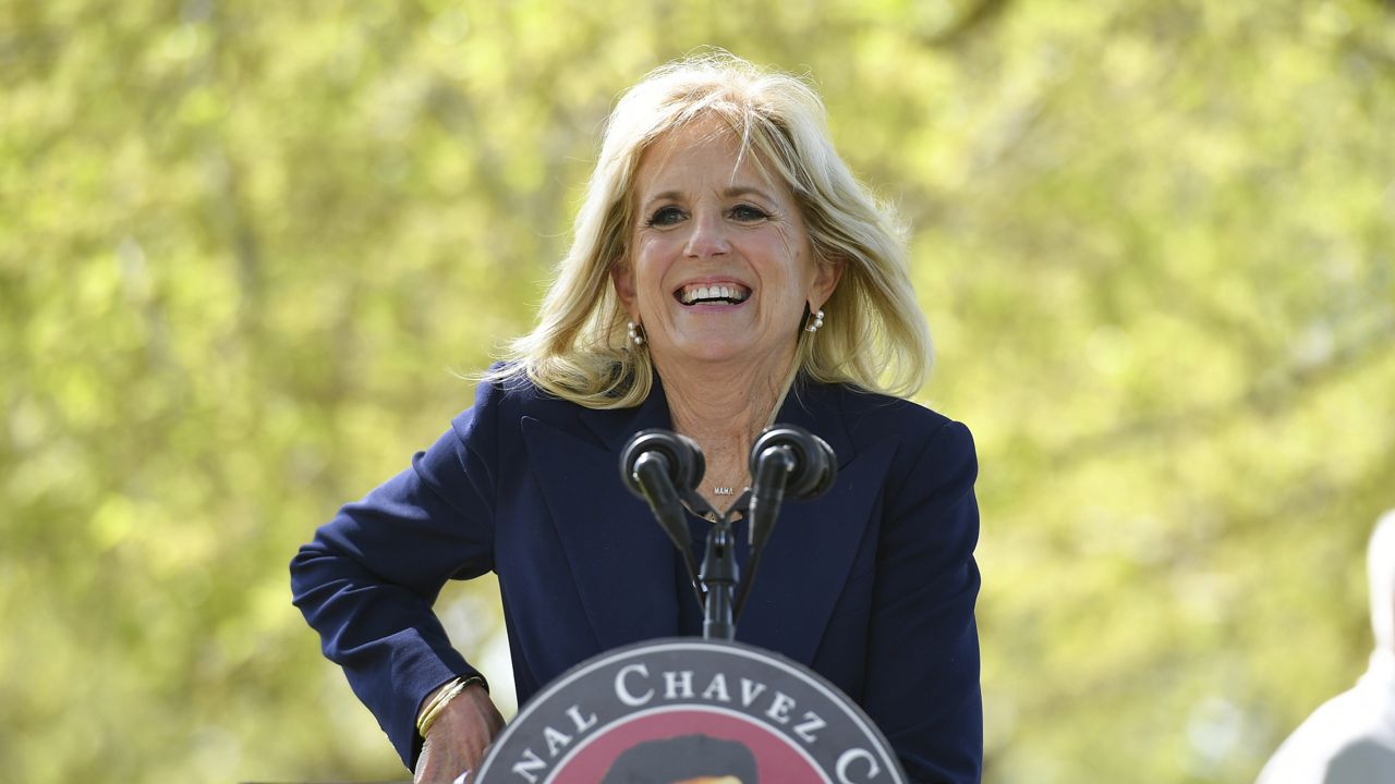 First lady Jill Biden speaks during a visit at The Forty Acres, the first headquarters of the United Farm Workers labor union, in Delano, Calif., Wednesday, March 31, 2021. (Mandel Ngan/Pool via AP)