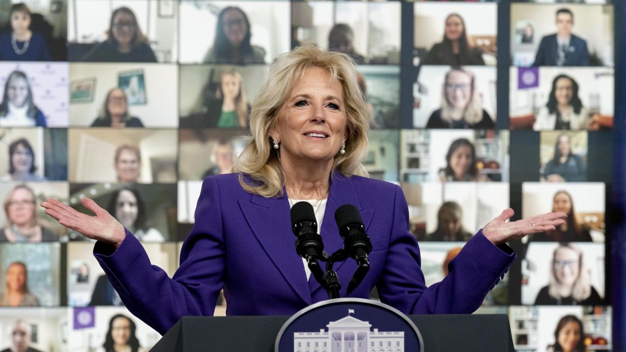 First lady Jill Biden speaks at a virtual event with military families from around the world Wednesday, April 7, 2021, in Washington. (AP Photo/Andrew Harnik)