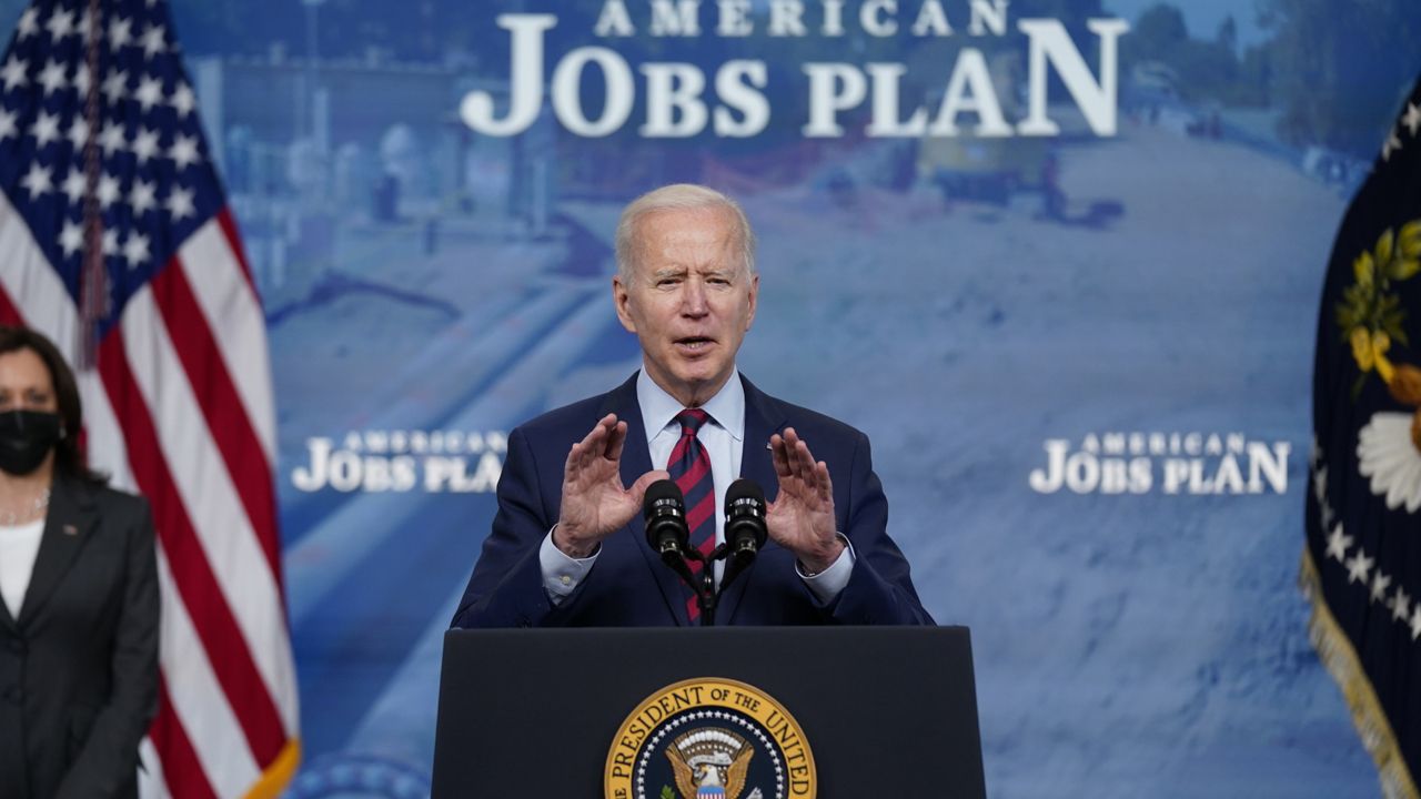 President Joe Biden speaks during an event on the American Jobs Plan in the South Court Auditorium on the White House campus, Wednesday, April 7, 2021, in Washington.  (AP Photo/Evan Vucci)