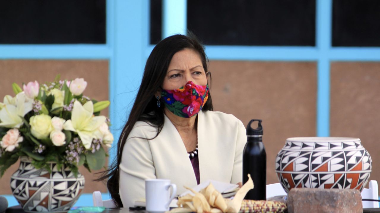 U.S. Interior Secretary Deb Haaland listens to tribal leaders during a round-table discussion at the Indian Pueblo Cultural Center in Albuquerque, N.M., on Tuesday, April 6, 2021. (AP Photo/Susan Montoya Bryan)