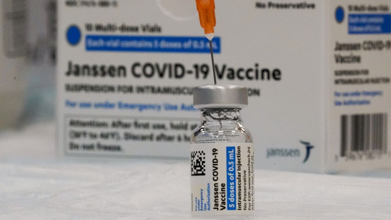 The Johnson & Johnson COVID-19 vaccine is seen at a pop up vaccination site inside the Albanian Islamic Cultural Center, Thursday, April 8, 2021. (AP Photo/Mary Altaffer)