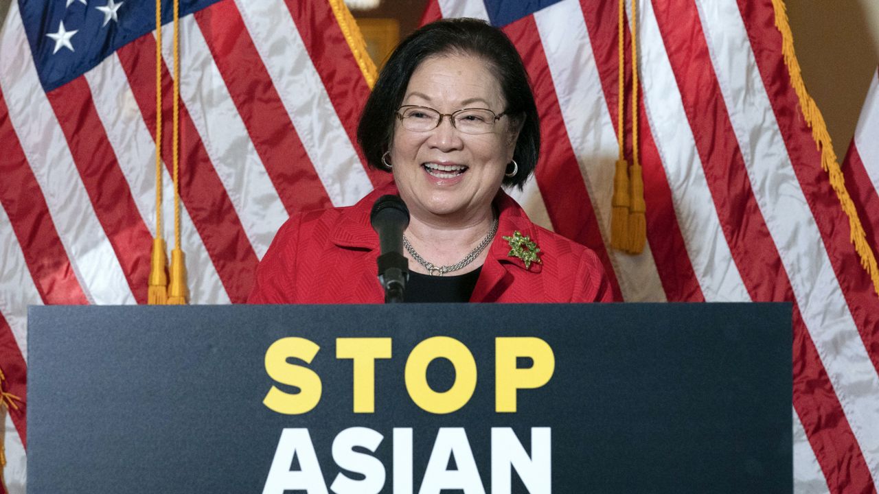 FILE: Sen. Mazie Hirono, D-Hawaii, speaks during a news conference on Capitol Hill, in Washington, Tuesday, April 13, 2021. (AP Photo/Jose Luis Magana)