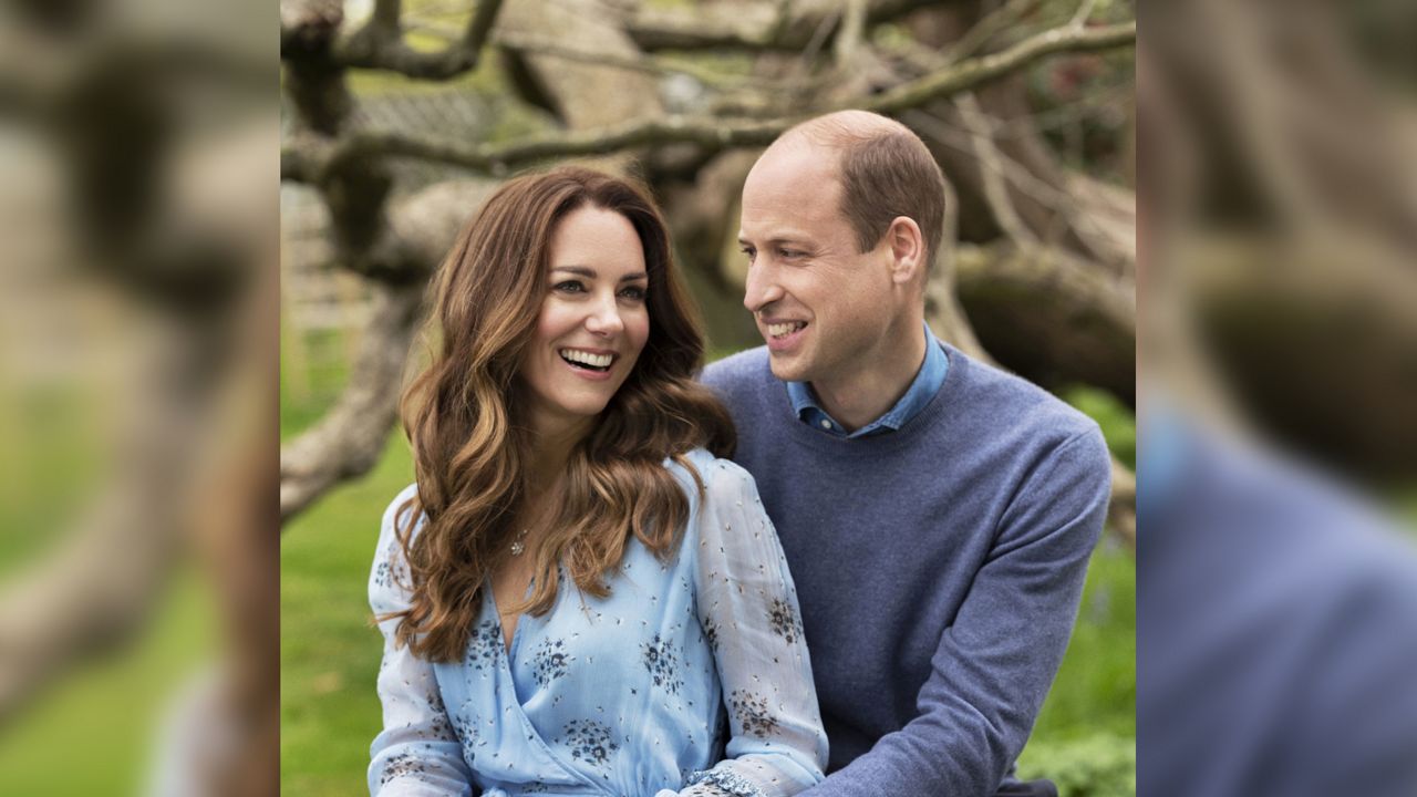 In this photo provided by Camera Press and released Wednesday, April 28, 2021, is Britain's Prince William and Kate, Duchess of Cambridge, at Kensington Palace photographed this week in London, England. (Chris Floyd/Camera Press/PA via AP)