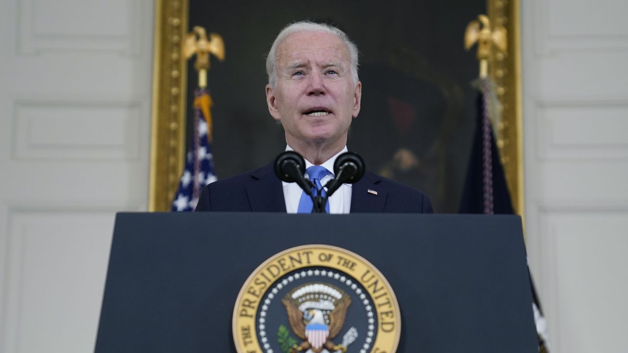 President Joe Biden speaks about the American Rescue Plan, in the State Dining Room of the White House, Wednesday, May 5, 2021, in Washington. (AP Photo/Evan Vucci)