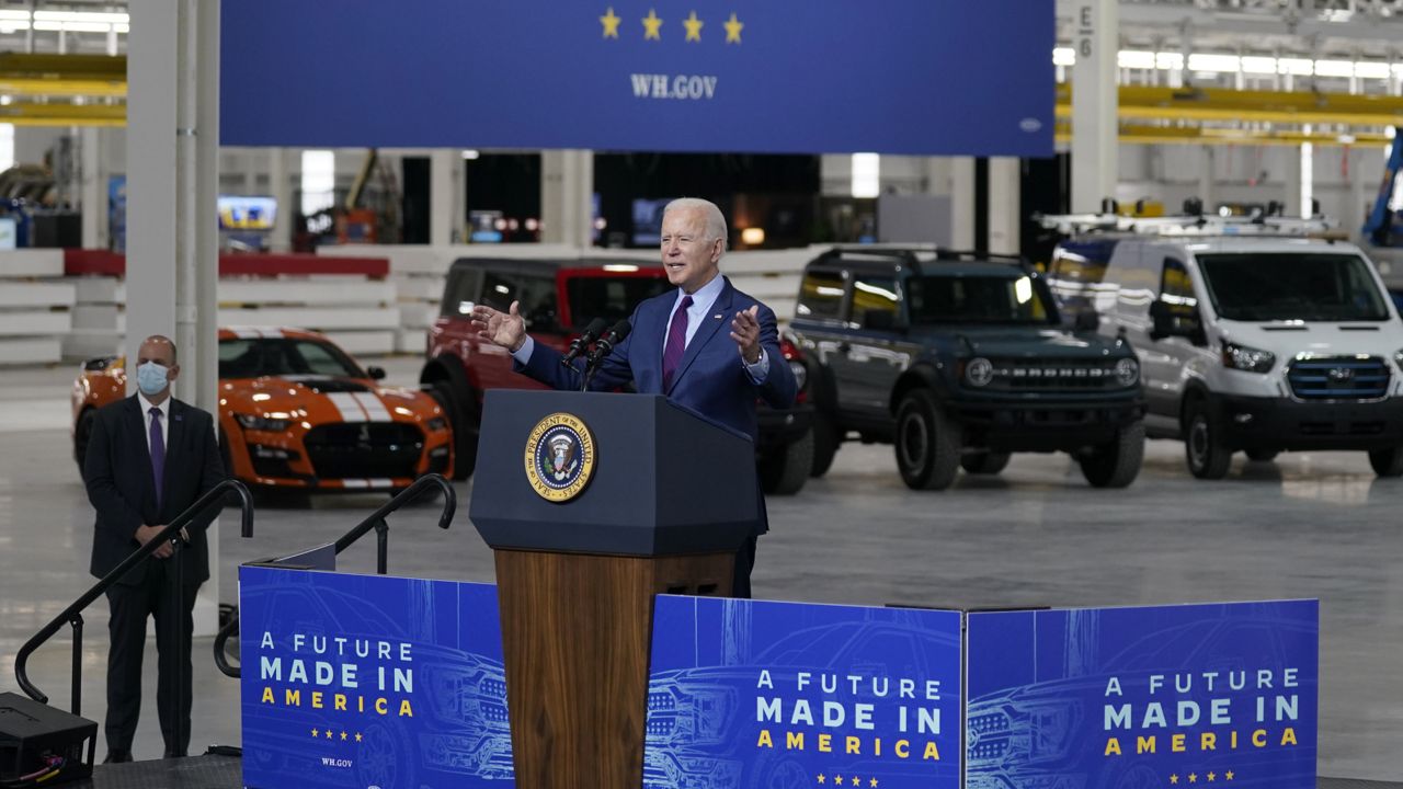 President Joe Biden speaks after a tour of the Ford Rouge EV Center, Tuesday, May 18, 2021, in Dearborn, Mich. (AP Photo/Evan Vucci)