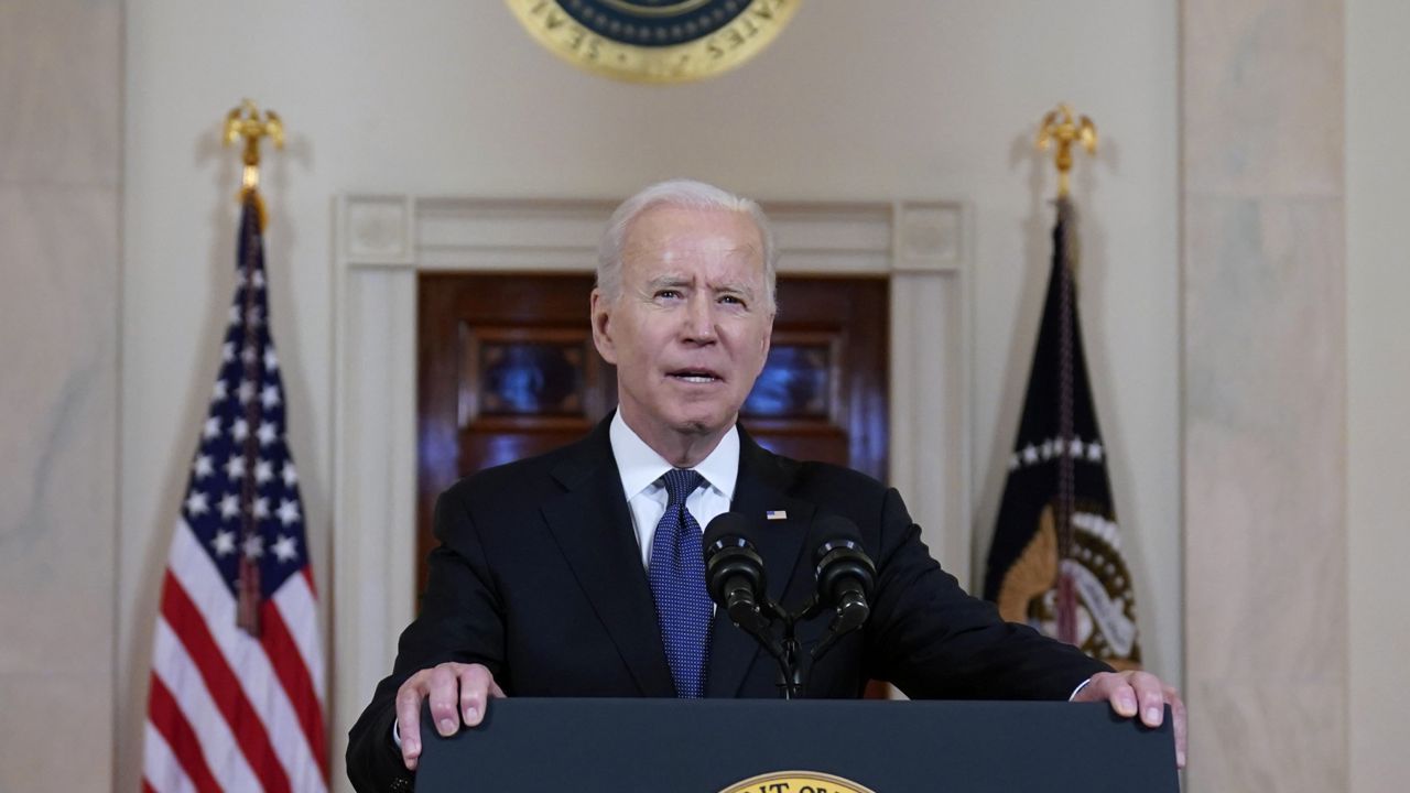 President Joe Biden speaks about a cease-fire between Israel and Hamas, in the Cross Hall of the White House, Thursday, May 20, 2021, in Washington. (AP Photo/Evan Vucci)