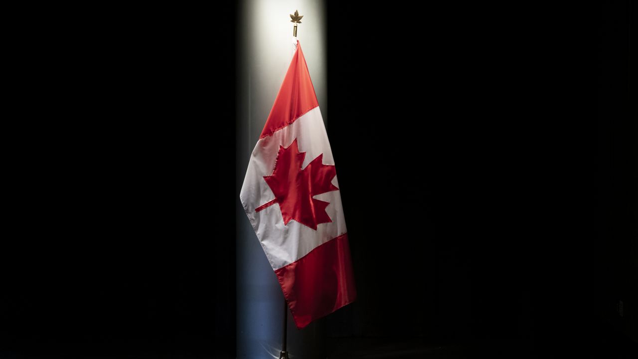 FILE: The Canadian flag is illuminated in the Embassy of Canada in Washington in Washington, Thursday, June 20, 2019. (AP Photo/J. Scott Applewhite)