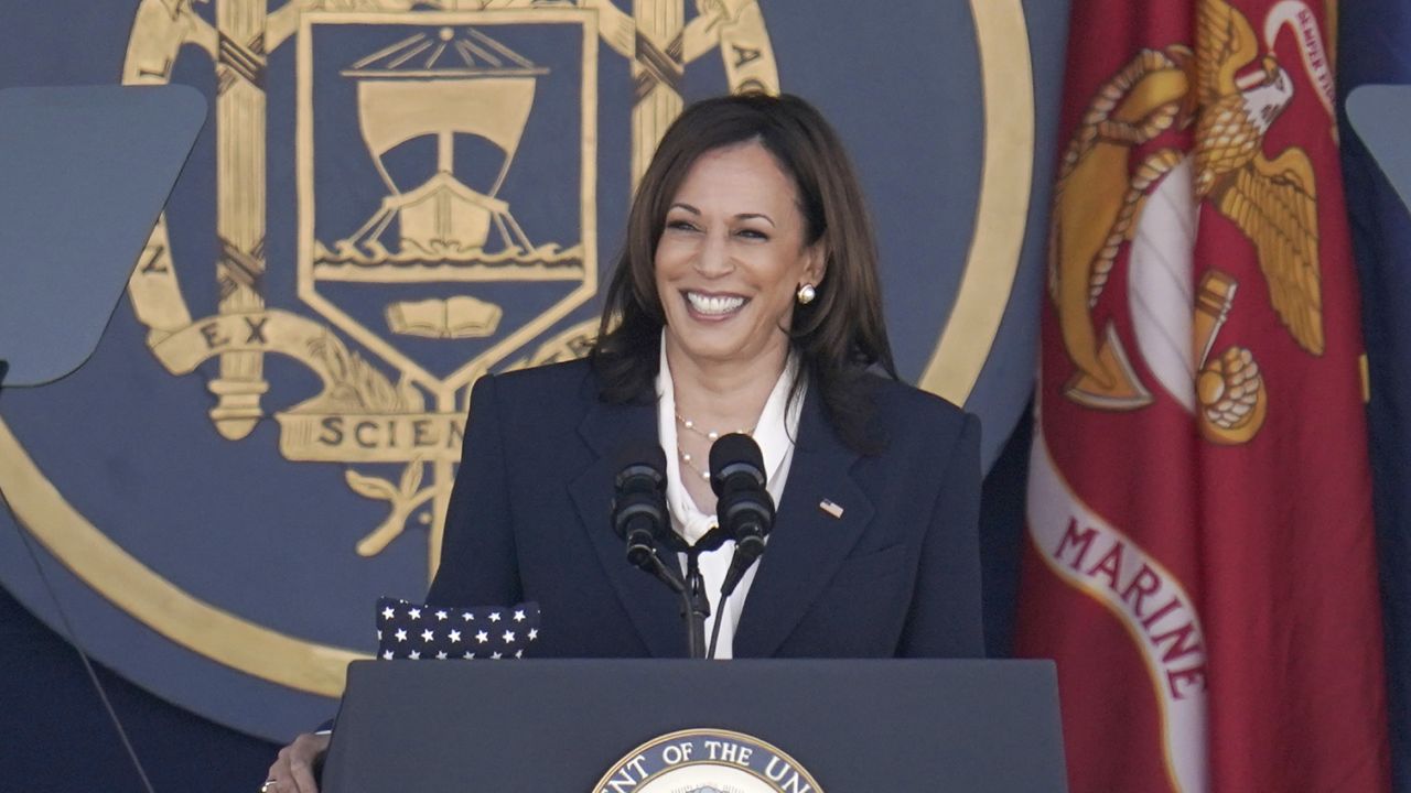 FILE: Vice President Kamala Harris speaks at the graduation and commission ceremony at the U.S. Naval Academy in Annapolis, Md., Friday, May 28, 2021. (AP Photo/Julio Cortez)