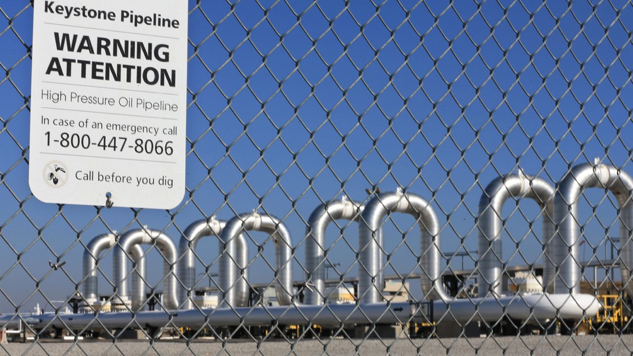 FILE - This Nov. 3, 2015 file photo shows the Keystone Steele City pumping station, into which the planned Keystone XL pipeline was to connect to, in Steele City, Neb. (AP Photo/Nati Harnik, File)