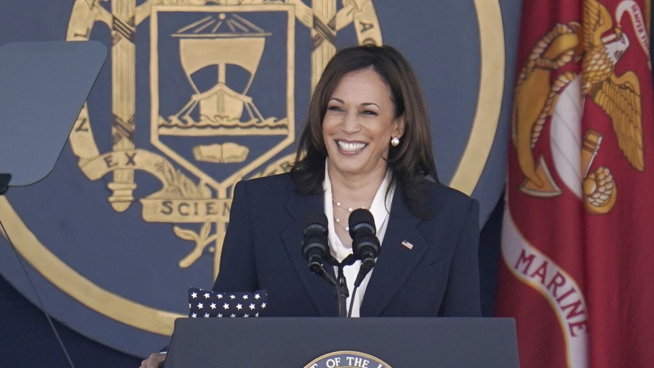 FILE: Vice President Kamala Harris speaks at the graduation and commission ceremony at the U.S. Naval Academy in Annapolis, Md., Friday, May 28, 2021. (AP Photo/Julio Cortez)