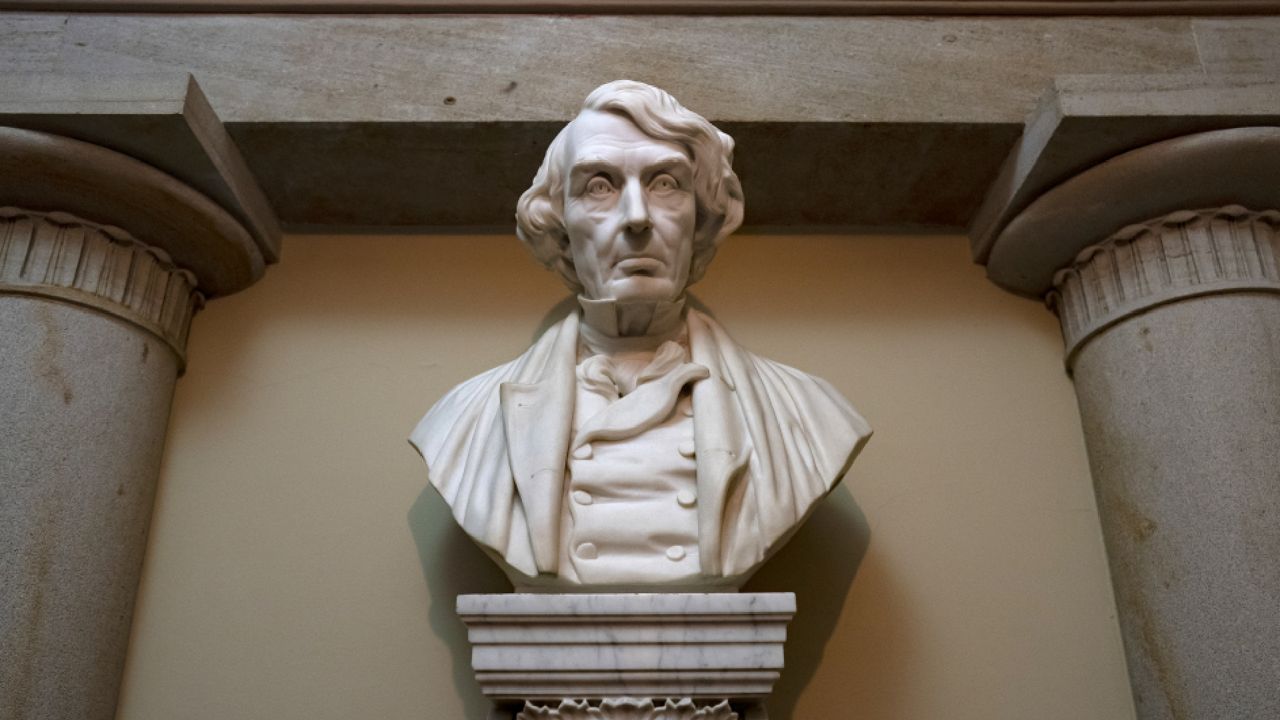 FILE - A marble bust of Chief Justice Roger Taney is displayed in the Old Supreme Court Chamber in the U.S. Capitol in Washington. (AP Photo/J. Scott Applewhite)